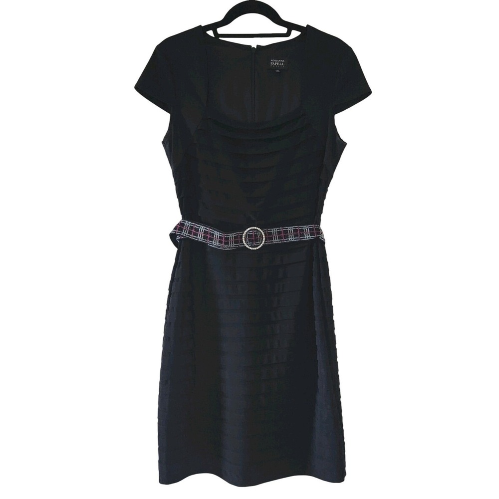 Adrianna Papell Black Belted Beaded Dress 12P Square Neck Eveningwear - Picture 4 of 15